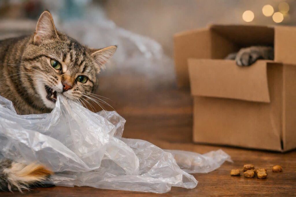 кішка гризе пакет